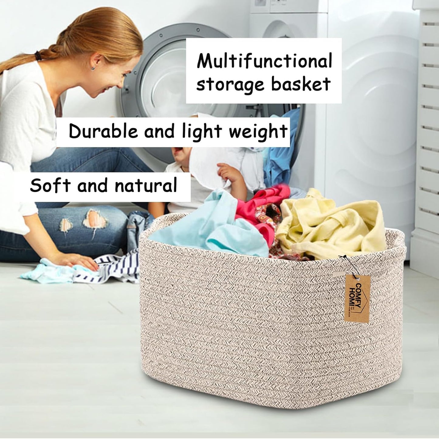 COMFY-HOMI 3PACK Cotton Rope Woven Basket With Handles for Shelves, Toy, Book, Cloth Storage Basket for Organizing|13.5" x 11" x 9.5" Decorative Nursery Cube Bin for Living Room（all brown）