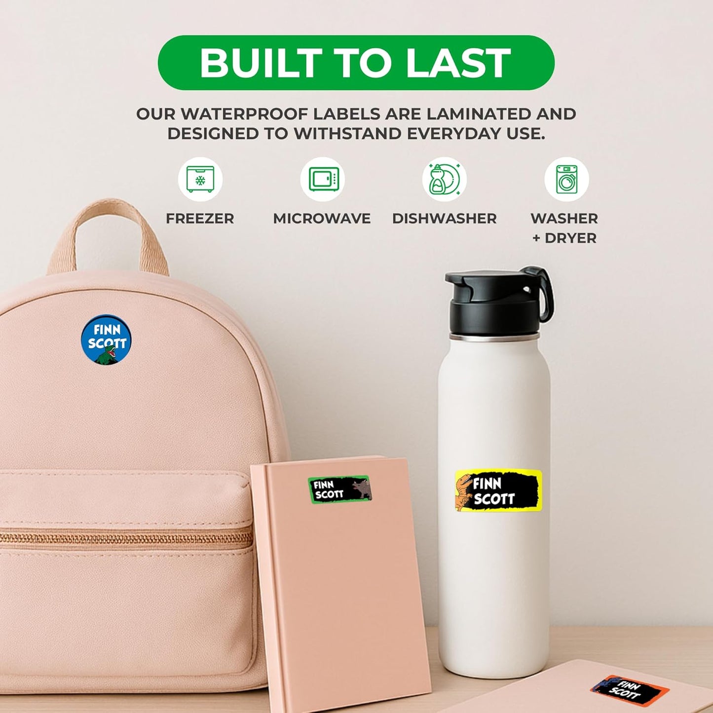 Personalized Name Tag Stickers for Kids (130+ Pack) | Dinosaur Waterproof Labels for School Supplies, Bottles & Lunch Boxes | Custom Vinyl Name Labels for Clothing & Toys (C. Dinosaur)