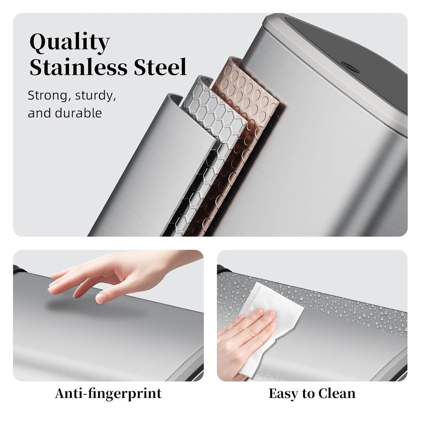 2.1 Gallon Bathroom Trash Can with Lid Press Top, 8 Liter Stainless Steel Garbage Can with Press Type Lid, Slim Trash Bin Waste Basket for Toilet, Office, Bedroom, Living Room (Silver)