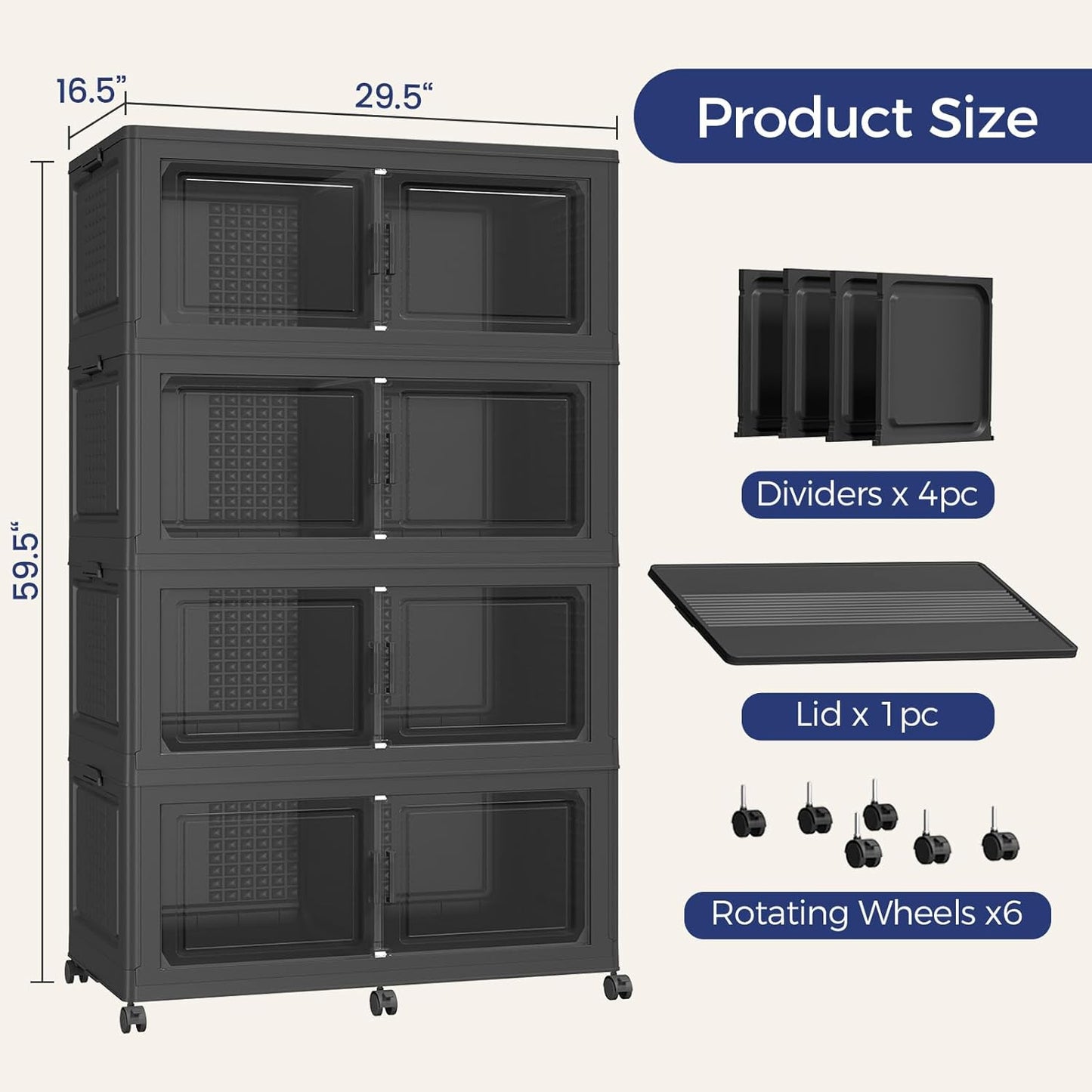 160GAL Storage Bins with Lid and Wheels, Stackable Closet Organizers and Storage Drawer, Collapsible Storage Box with Dividers, Foldable Plastic Cabinets Cubes Totes for Garage, 4 Pack Black