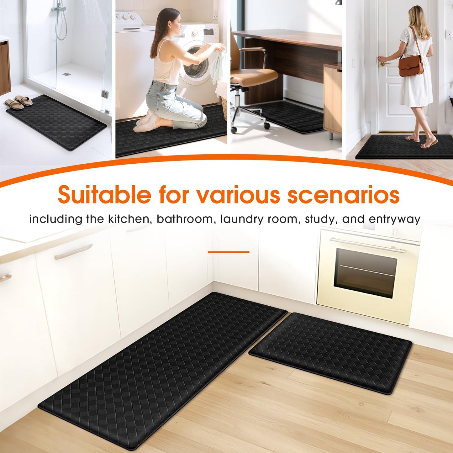 TranquilRelax 2-Piece Kitchen Mats, Cushioned Non-Slip Floor Mats, Black