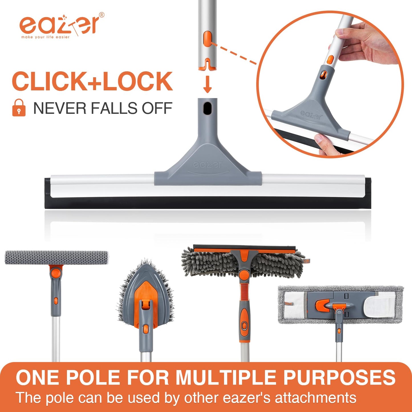 Eazer Floor Squeegee for Floor: Heavy Duty Scrubber with Extendable 60'' Aluminum Pole and Rubber