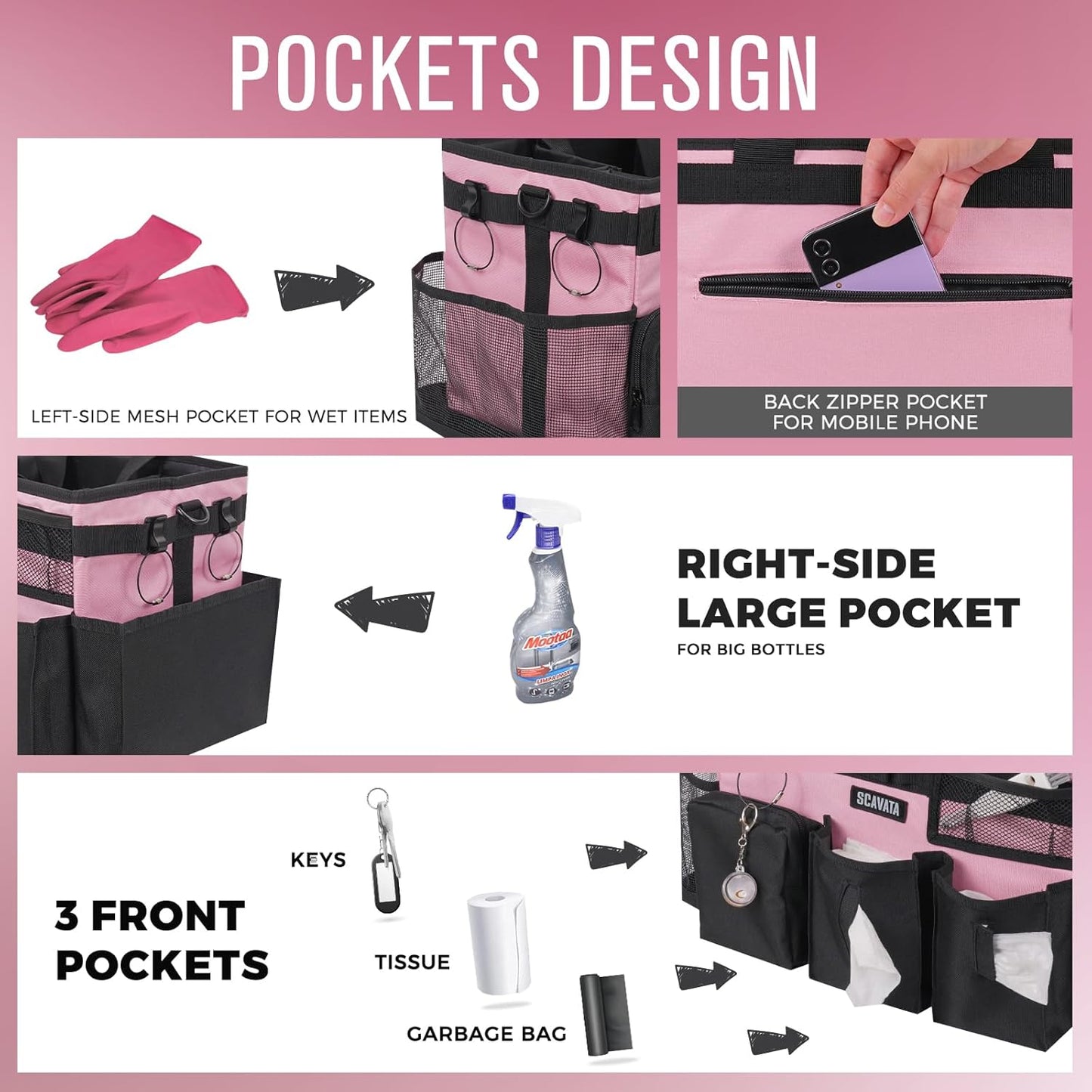Wearable Cleaning Caddy Bag, Cleaning Caddy Supplies Organizer with Handle & Shoulder Straps for Housekeepers, Under Sink & Car Cleaning Tool Organizers with 4 Foldable Divider (SweetPink)