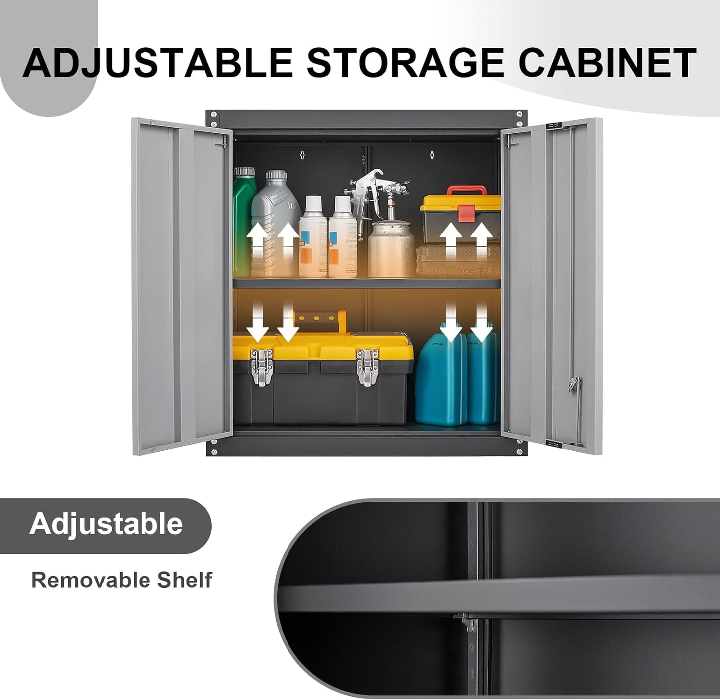 Metal Wall Cabinet, Garage Cabinets Wall Mounted, Locking Storage with Adjustable Shelves, Wall Mounted Garage Cabinet with Doors, Floating Cabinet for Home Office, Utility Room