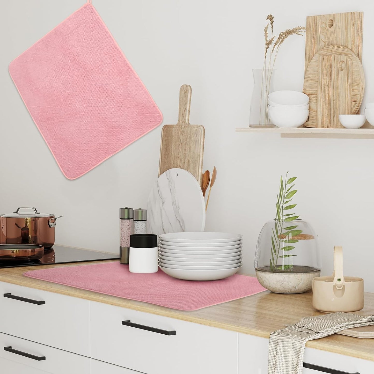 Hushee 2 Pack Extra Large Dish Drying Mat Microfiber Absorbent Dish Drying Pad Large Size Dishes Drainer Mats for Countertop, Sink, Refrigerator or Dryer (30 x 24 Inch,Pink)