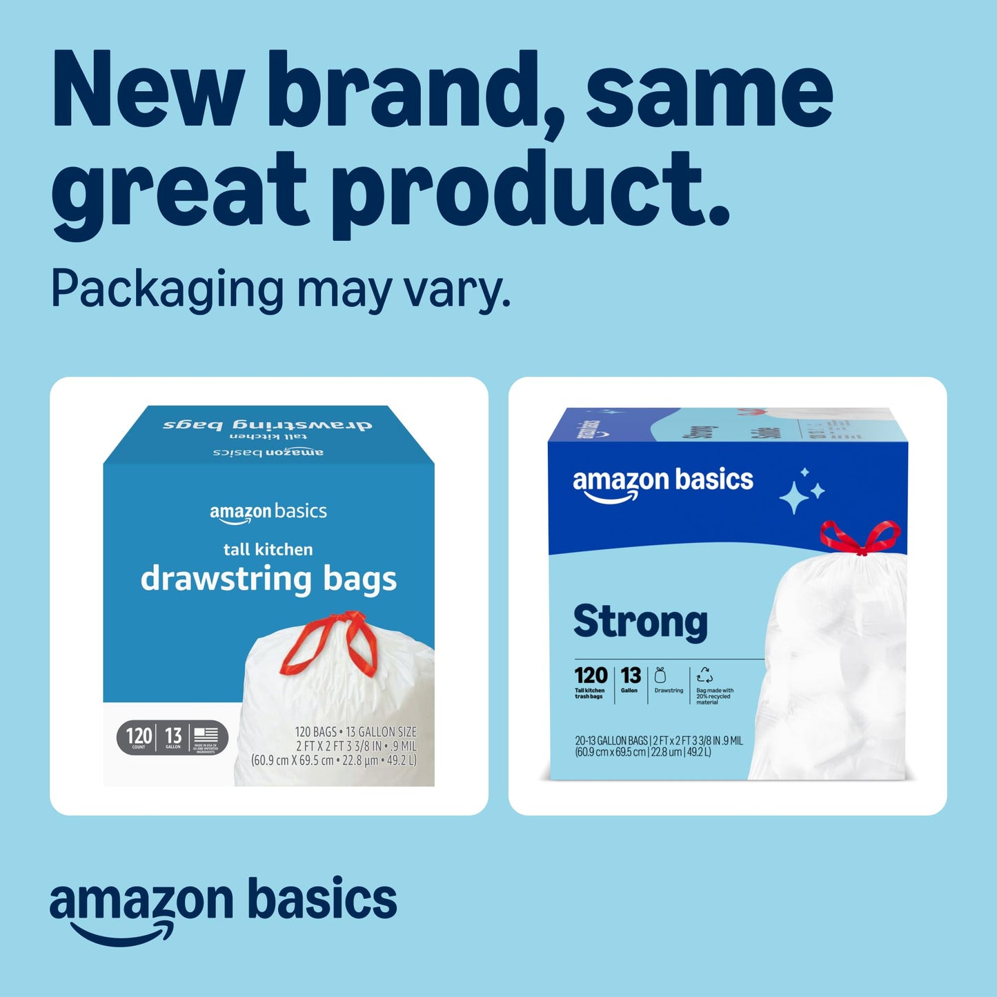Amazon Basics Trash Bags, Tall Kitchen Drawstring, Unscented, 13 Gallon, 120 Count, Pack of 1