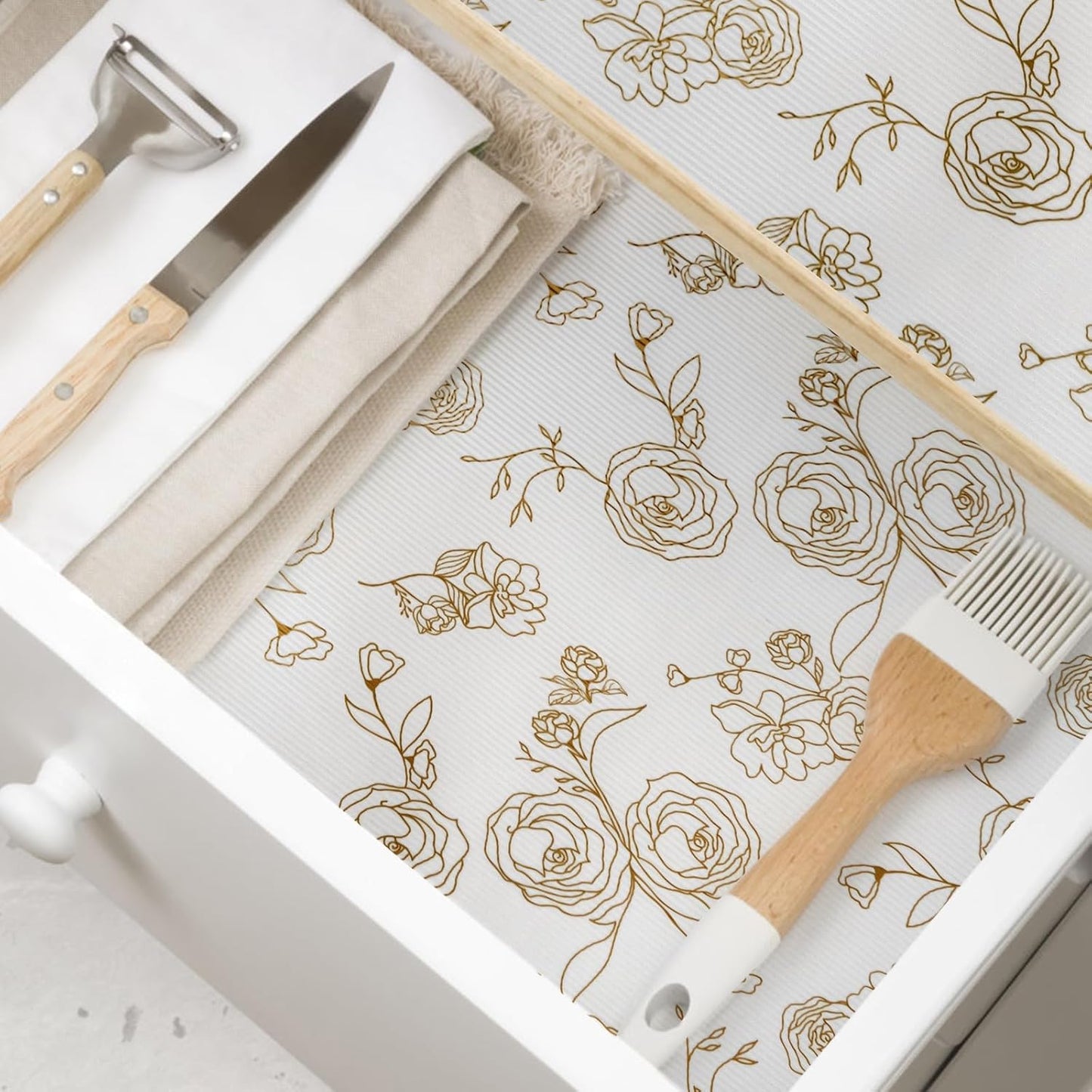 Shelf Cabinet Liner for Kitchen- Non Adhesive Drawer Liner Refrigerator Liner, Premium Waterproof Shelf Paper Protect Surface, Non Slip Easy to Clean Durable EVA Material, Gold Roses, 11.8 in x 10FT