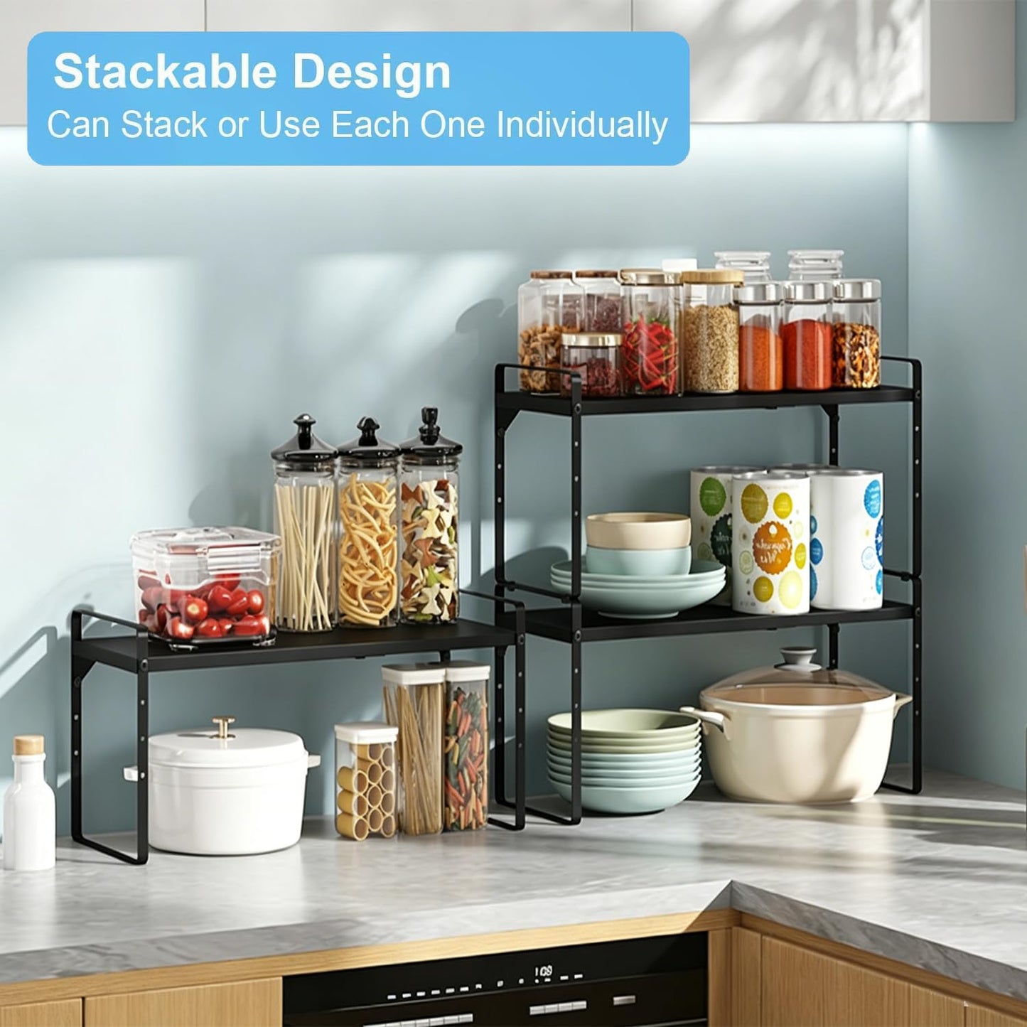 15.5 to 25.5 Inch Expandable Kitchen Cabinet Organizer Shelf, 2 Pack 30 LBS Heavy Duty Adjustable