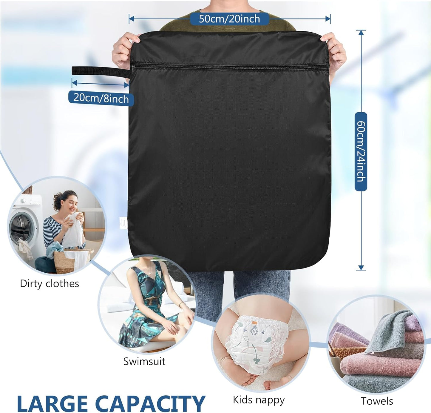 OTraki 2Pcs Large Wet Bag 20x24 inch Wet Dry Bag for Swimsuit Reusable Towel Pouches with Zipper Waterproof bag Wet Clothes Organizing Washable for Travel Gym Beach Pool Black