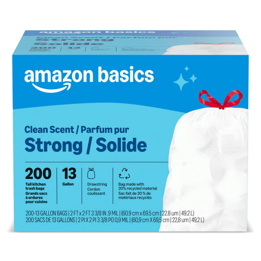 Amazon Basics Scented Trash Bags, Tall Kitchen Drawstring, Clean Fresh Scent, 13 Gallon, 200 Count