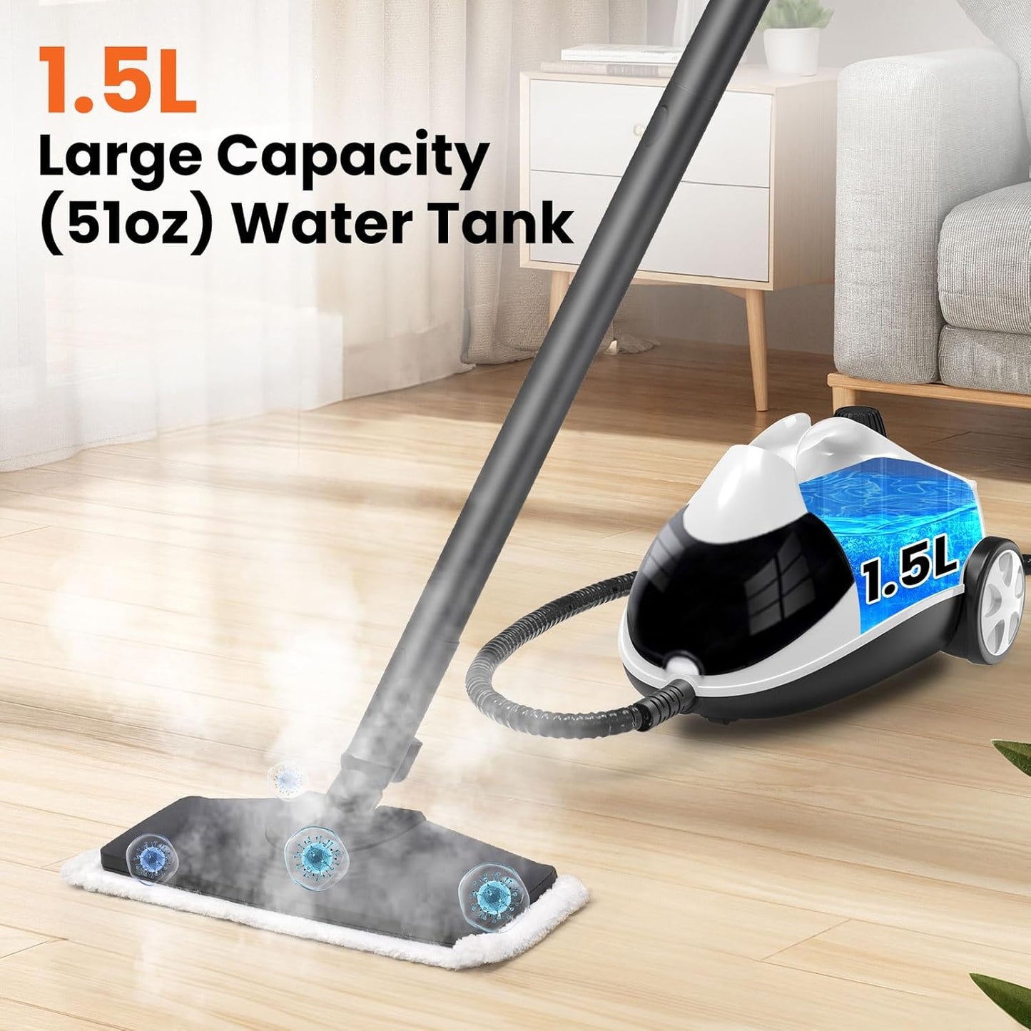 Steam Cleaner 1.5L Steamer for Cleaning Fast Heating 6-in-1 Multi-Surface with 8 Accessories UL499 Certified Portable High Pressure Steam Cleaner for Home, Car, Floors, Sofas, Tiles, Grout