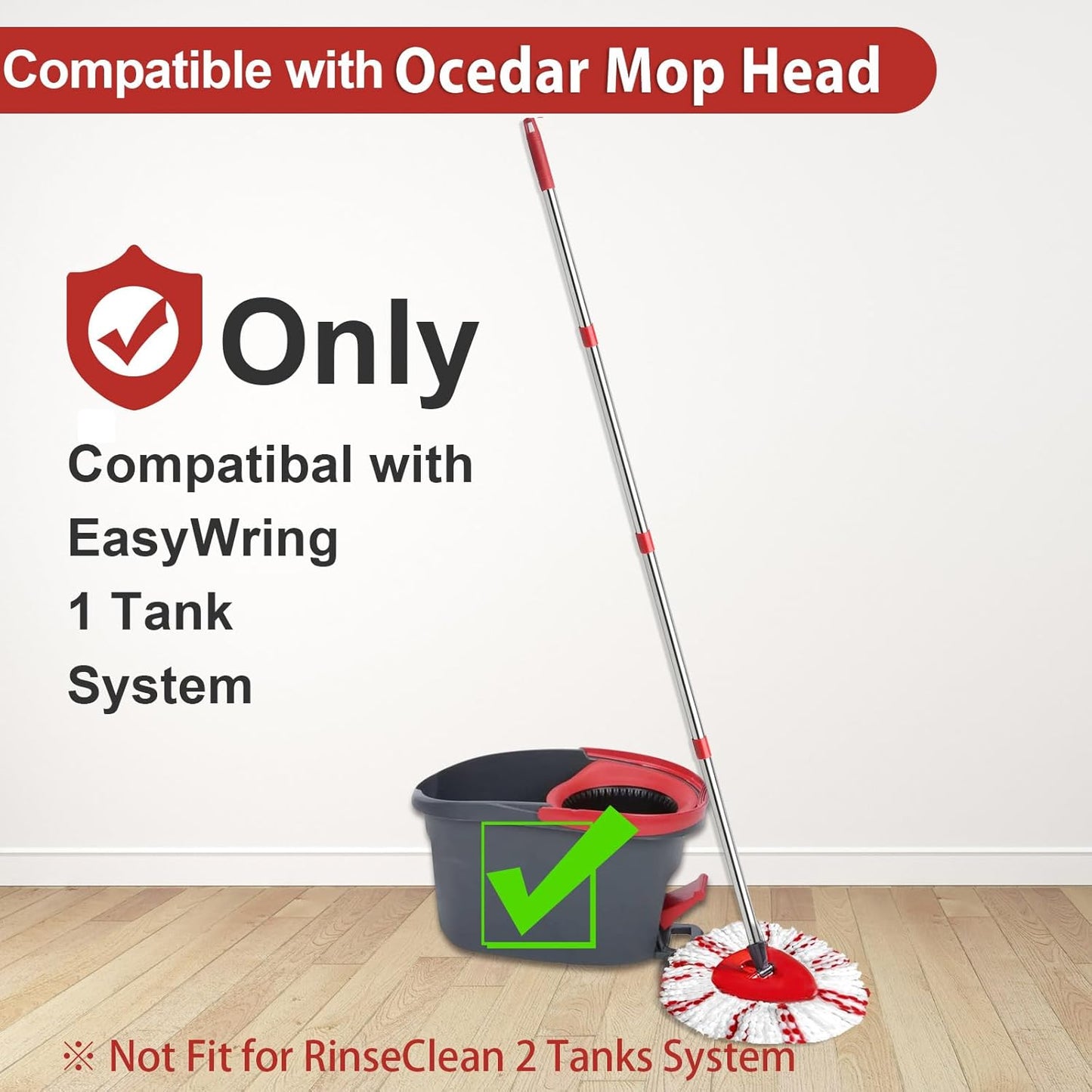 Spin Mop Replacement Head, Base, Handle Compatible with Ocedar Mop Set EasyWring 1-Tank Microfiber Spin Mop, 2 Refills Replacement Heads, 30-58in Handle and 1 Base Combo Set