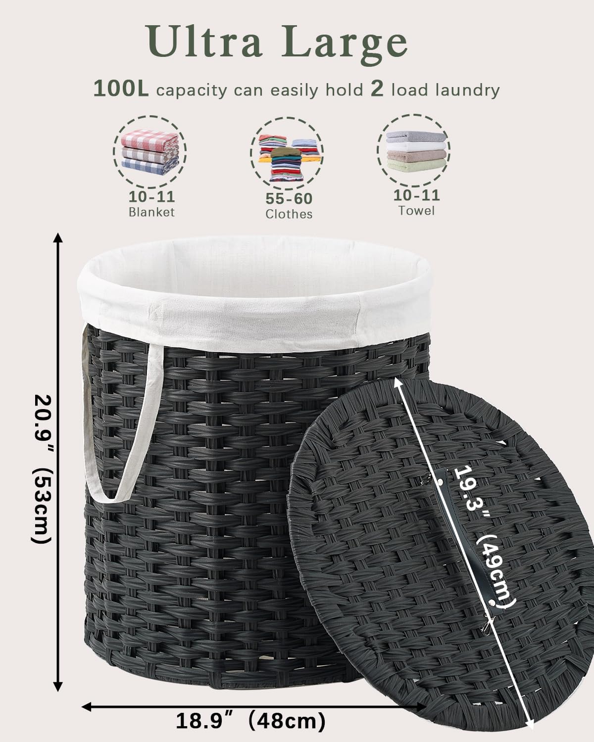 Laundry Hamper with Lid Wicker Laundry Hamper Round 26.5 Gal (100 L) Laundry Basket Handwoven Rattan Laundry Basket with Removable Bag Handles 2 Mesh Bags for Living Room Bedroom Black