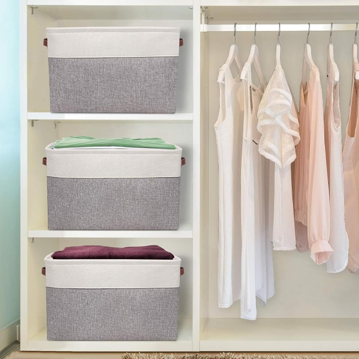 Univivi 15 inch Large Storage Baskets 4PC Gray Hard Bottom Foldable Storage Bins with PU Handles for Shelf Rectangle Fabric Baskets for Organizing (15”X10.5”X9.5”)