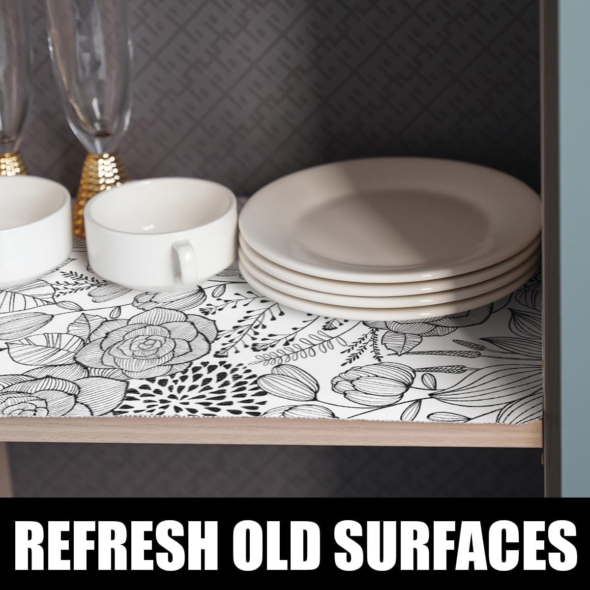 Floral Drawer and Shelf Liner for Kitchen 12IN x 20FT, Non-Adhesive and Strong Non-Slip Cabinet Drawer Liners, Waterproof Thickened Shelf Liner,Easy to Clean,Black and White