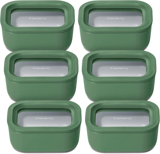 Caraway 6pc Glass Food Storage Set - 2.6 Cup Storage Containers For Food (6) - Non-Toxic Ceramic-Coated Glass - Air Release Technology - Compact & Stackable Design - Sage