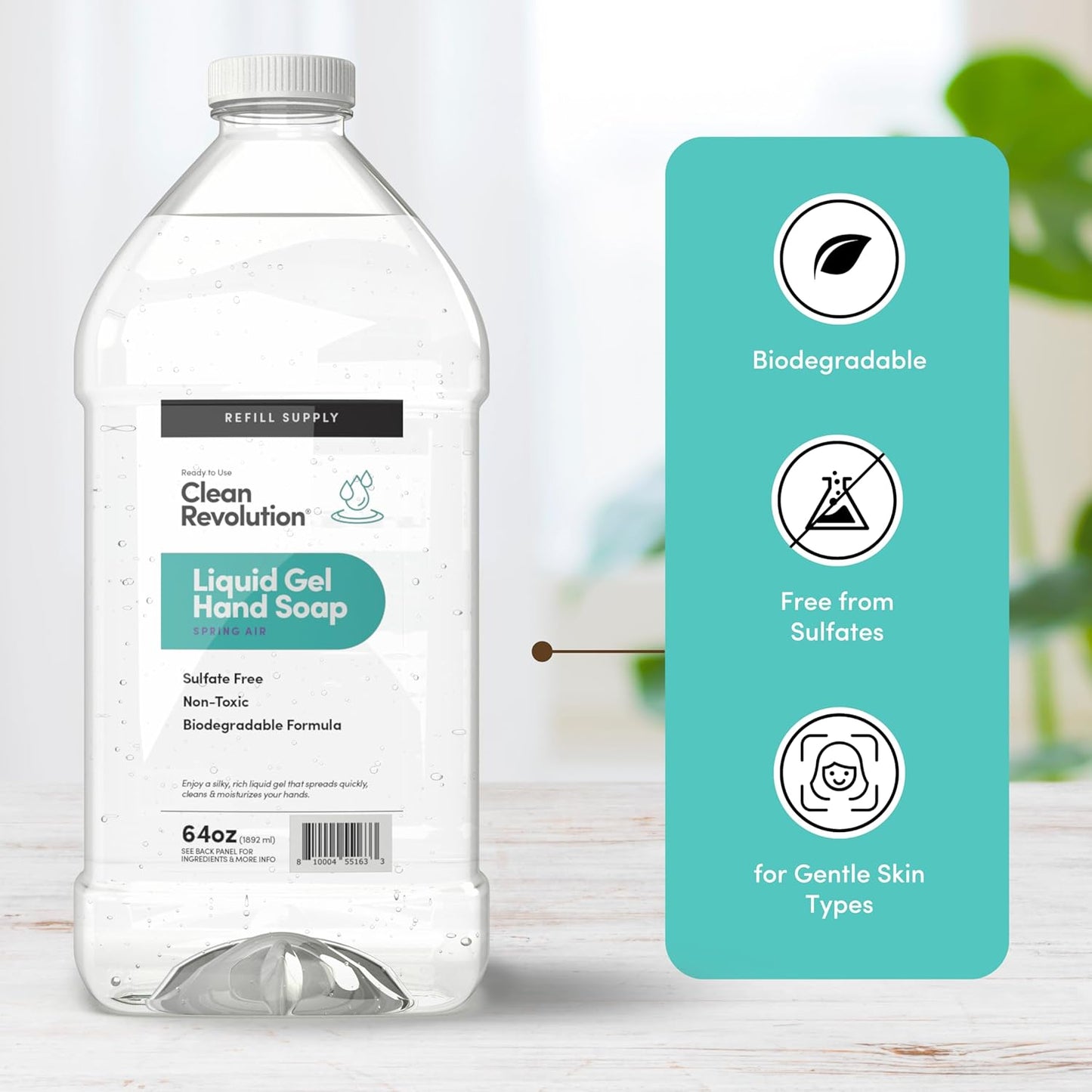 Clean Revolution Liquid Gel Hand Soap, Silky Rich Liquid, Quick Lather, Fast Rinsing, Contains Real Essential Oils (Spring Air) 64 Fl Oz