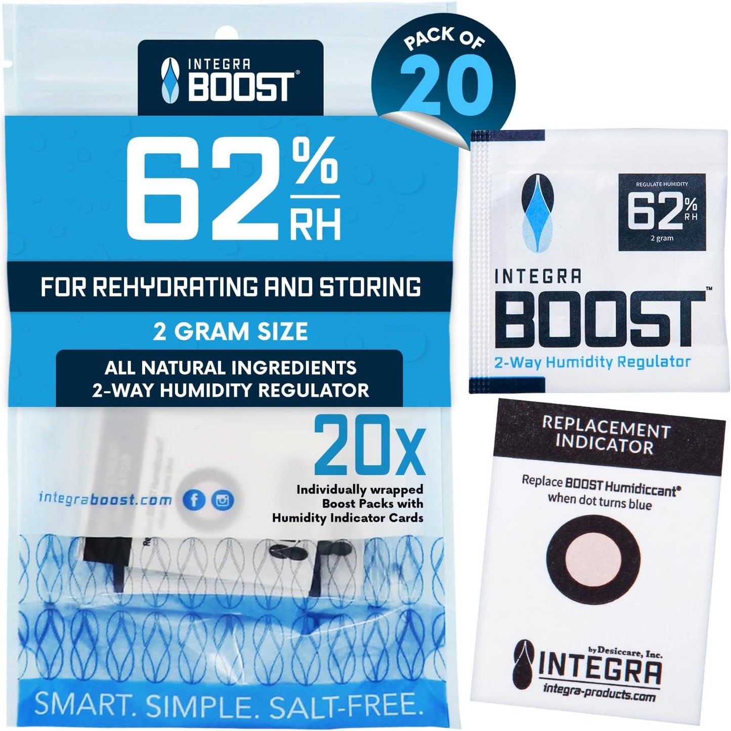 Integra Boost 2-Way Humidity Control Pack ??Patented Technology for Humidity Control ??Preserve Flavor & Maintain 62% RH ??Moisture Absorber for Herbs, Spices & More ??2 Gram (Pack of 20)