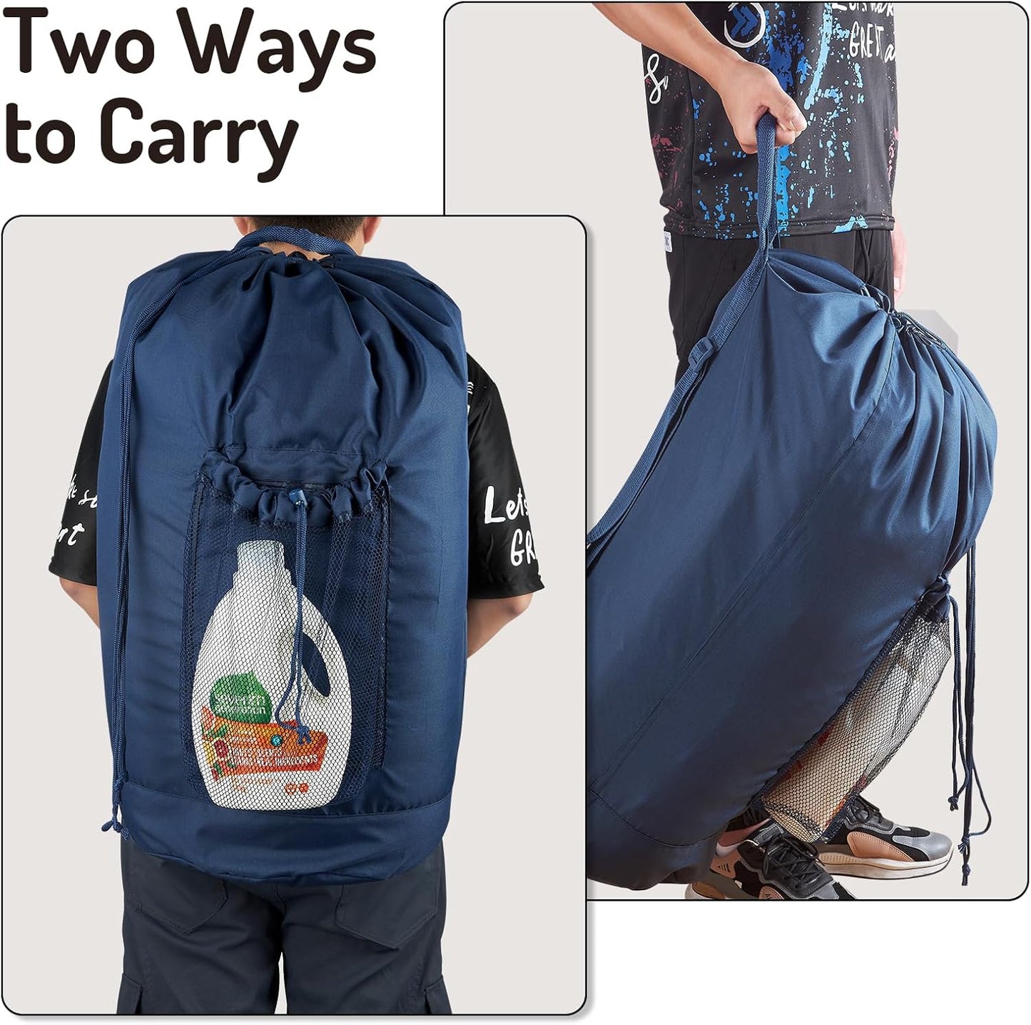 Laundry Bag Backpack with Detergent Holder and Adjustable Shoulder Straps, Clothes Laundry Backpack for College, Travel, Apartment, Laundromat, Dorm Room (Blue)