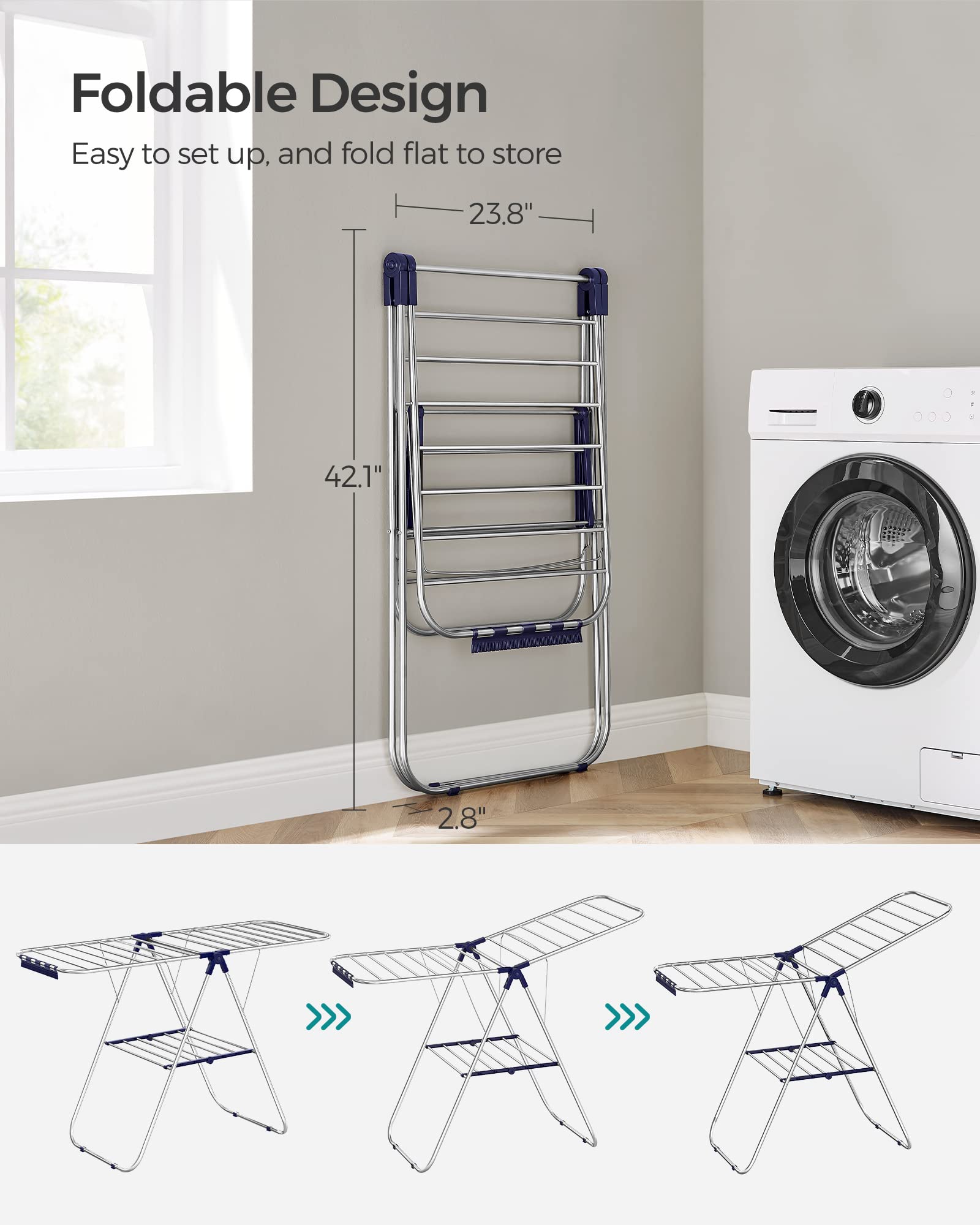 SONGMICS Clothes Drying Rack, with Sock Clips, Metal Laundry Rack, Foldable, Space-Saving