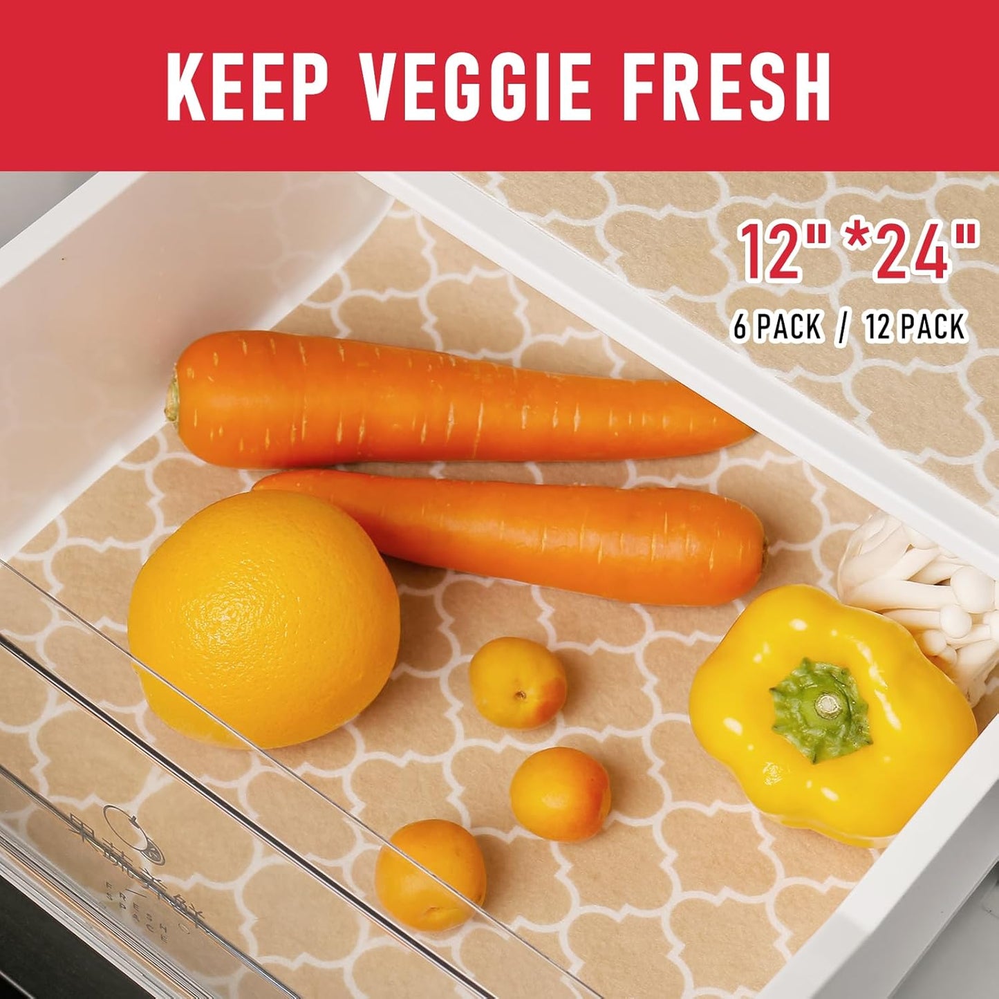 Cooyes 2 in 1 Refrigerator Liners, 6 Pack, 12“ × 24”， Fridge Drawer & Shelf Liners for Kitchen Cabinets Non-Adhesive, Breathable Cloth Material, BPAfree, Keep Produce Fresh Longer