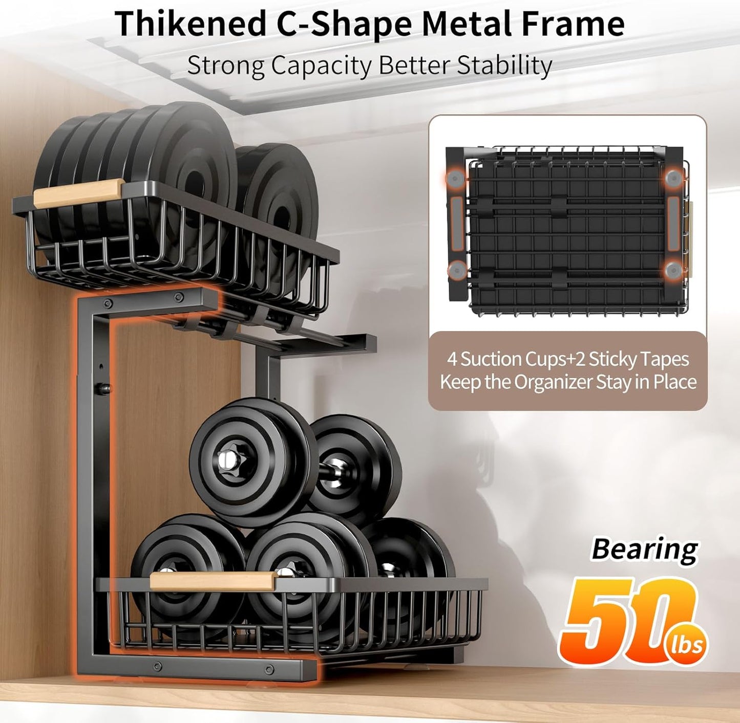 Under Sink Organizer, Under Sink Organizers and Storage, 2-Tier Pull Out Under Cabinet Organizer Storage Shelf, Metal Frame, Height Adjustable Rack for Bathroom Kitchen Pantry