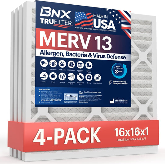 BNX TruFilter 16x16x1 Air Filter MERV 13 (4-Pack) - MADE IN USA - Electrostatic Pleated Air
