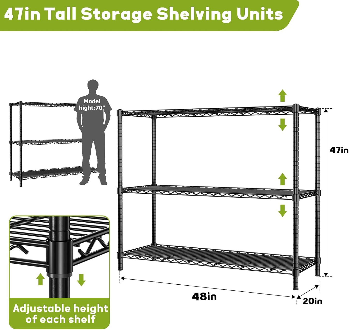 Storage Shelves, 3 PCS 48" L x 20" W x 47" H Heavy Duty Garage Wire Shelving Unit Loads 1200LBS, 3-Tier Adjustable Metal Industrial Utility Shelf Rack for Kitchen, Laundry Room, Basement