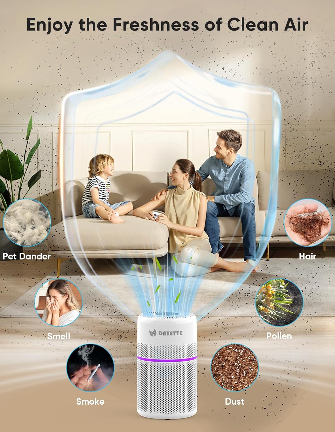 Smart Air Purifiers for Bedroom, DAYETTE 7 Color Light H13 Air Purifier for Home Large Room Up to 1500 Ft², APP Control & 20 dB Sleep Mode 2/4/8 Timer