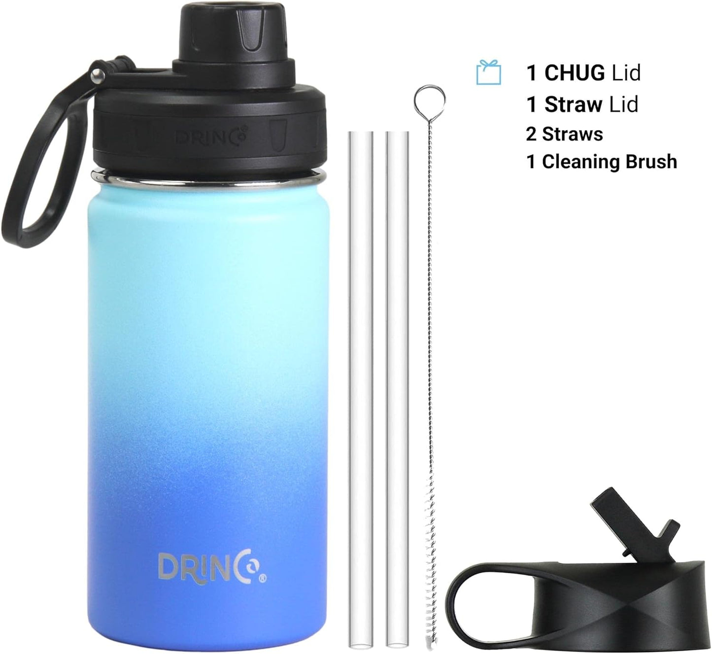 DRINCO Stainless Steel Water Bottle Spout Lid Vacuum Insulated Double Wall Water Bottle Wide Mouth (40oz 32oz 22oz 18oz 14oz) Leak Proof Keeps Cold or Hot (14 oz, 14oz Morning Sky Blue)
