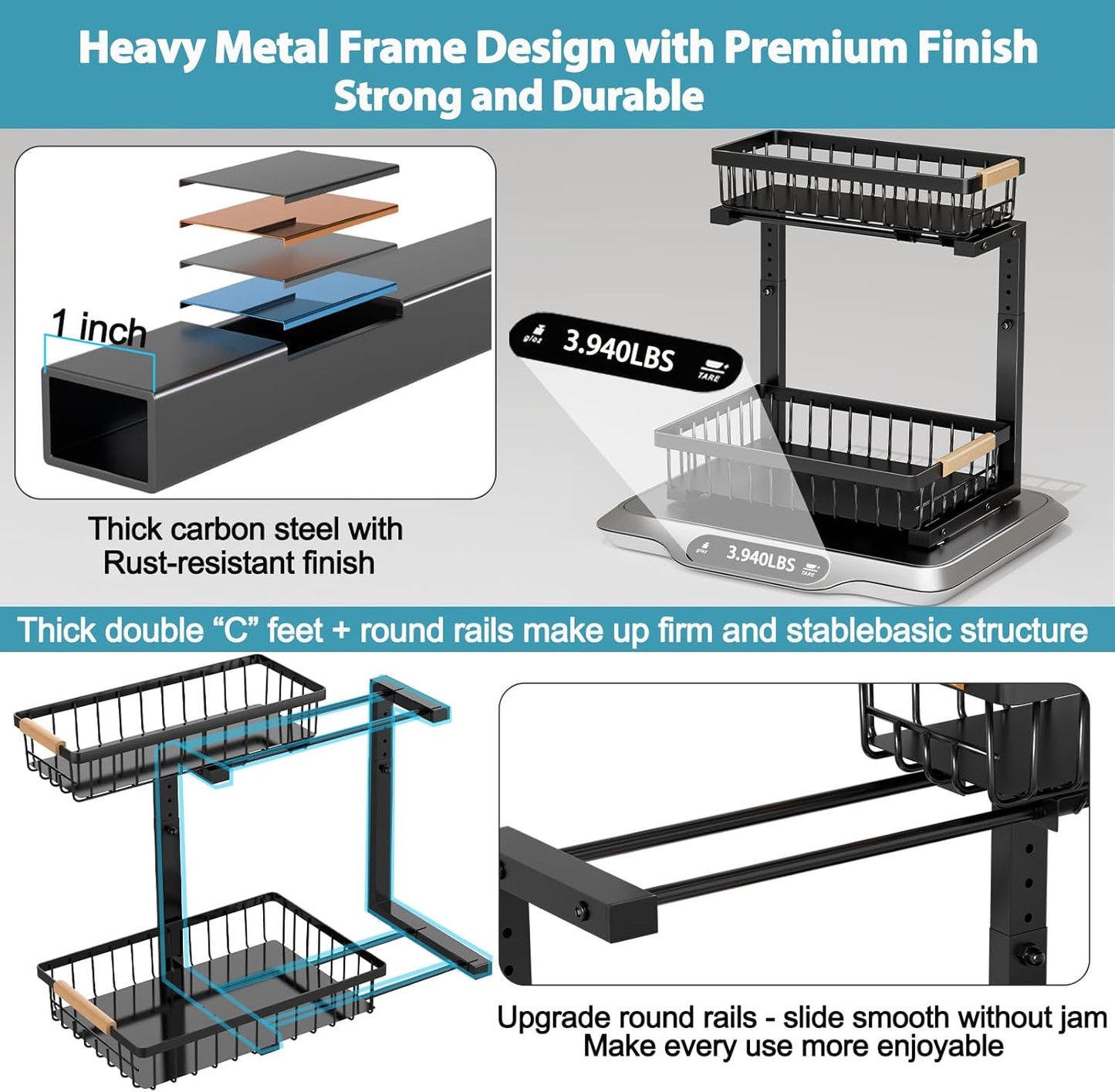 Under Sink Organizer Storage 1 pack, 2 Tier Slide Out Height Adjustable Pull Out Cabinet Organizer Drawers, Kitchen Bathroom Large Capacity Metal Under Sink Rack Caddy Basket Shelves, Black