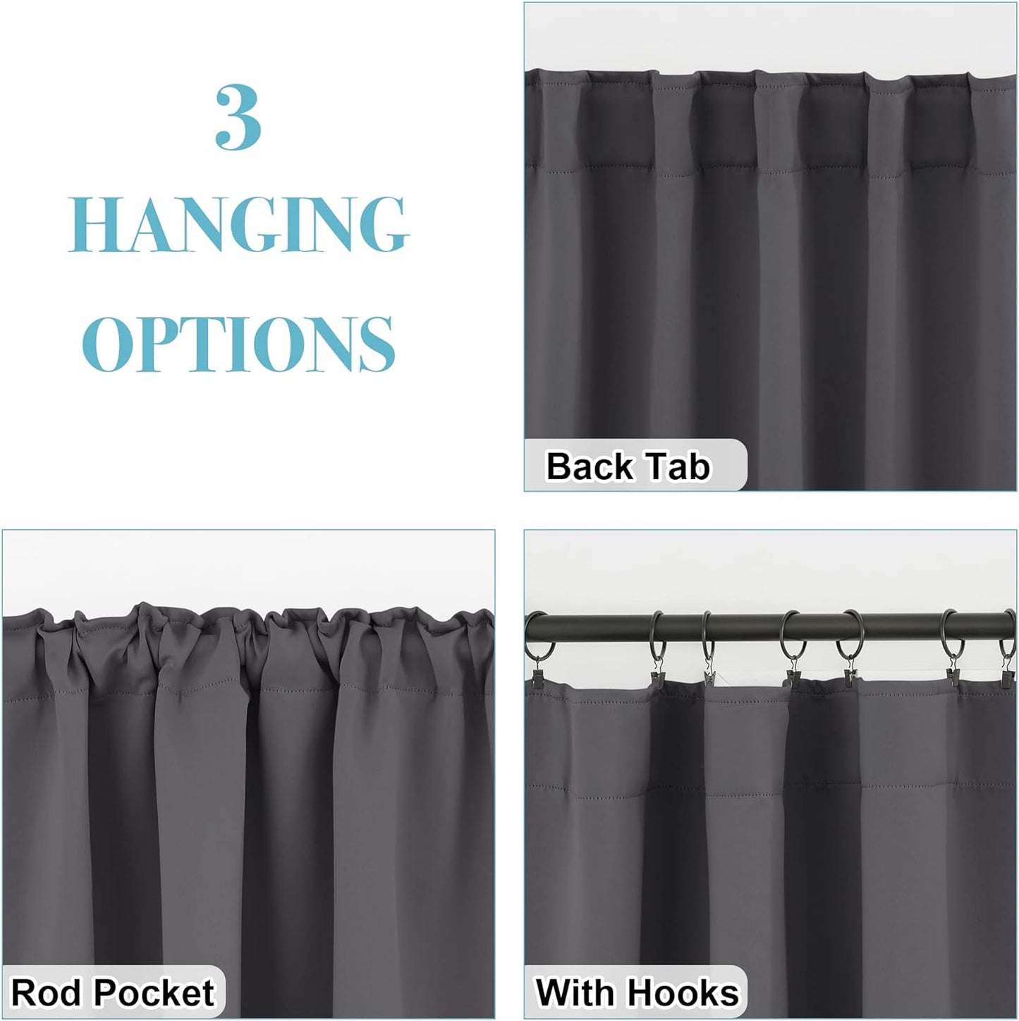 RYB HOME Blackout Grey Curtains - Thermal Insulated Window Treatments Long Panels, Back Tab Top, Privacy Curtains for Bedroom Dining, 42 Wide x 72 Long, Gray, Set of 2