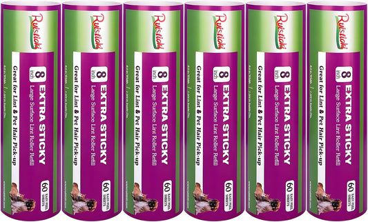8 inch Large Surface Roller Refill Compatible with Scotch-Brite Pet Hair Pickup Extra Sticky Large Lint Roller Replacement 60 Easy-Tear Adhesive Sheets per Refill Pack of 6 Rolls 360 Sheets Total