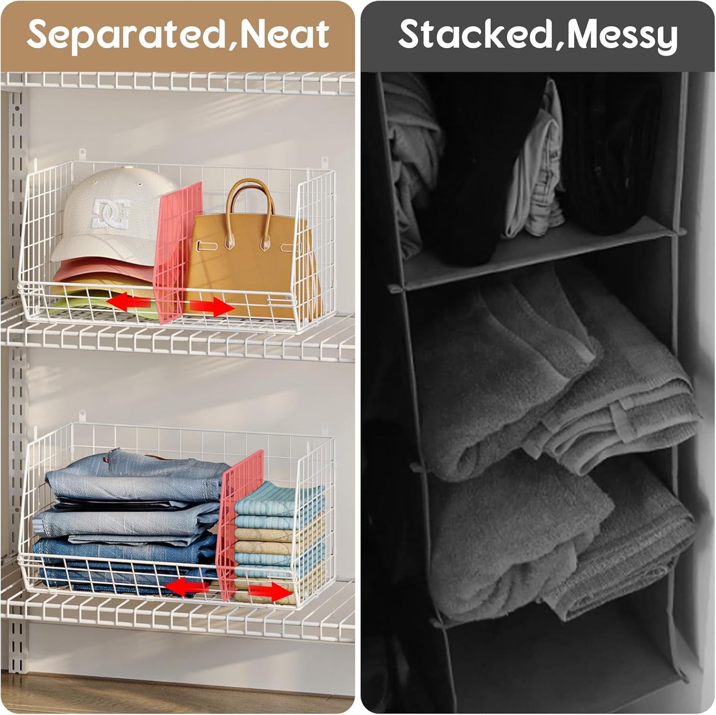 3 Tier Extra Large Closet Hanging Shelves with Divider, 16.5"L x 11.8"W x 33.6"H Closets Organizers and Storage with 5 S Hooks, Clothes Organizer for Sweaters Shoes Handbags Clutches Accessories-White