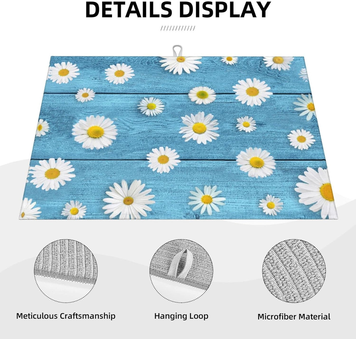 Daisies On Vintage Blue Wood Dish Drying Mats For Kitchen Counter Microfiber Absorbent dish Mat Xl Reversible Drying Mats For Countertop 18 Inch X 24 Inch