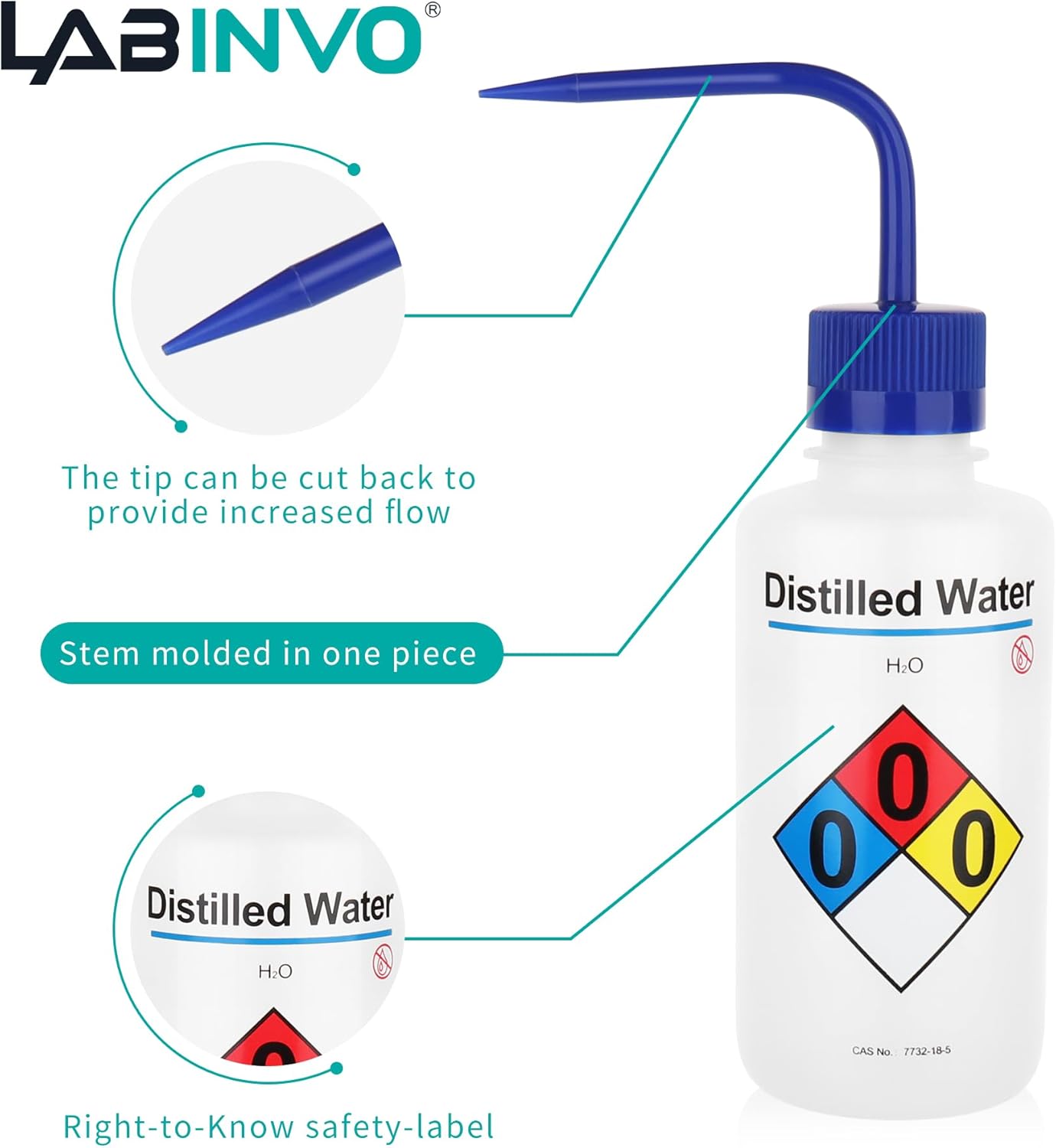 Distilled Water Wash Bottles, 1 PC of Vol.500ml (17oz), Narrow Mouth, Self-Venting Safety Wash Bottles, LDPE Material,IN-WBD501