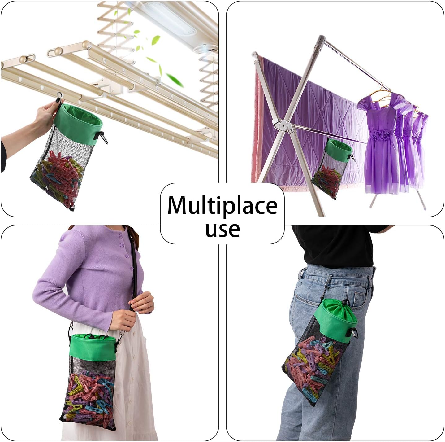 Mesh Clothespin Bag with Hooks Hanging Clothes Pin Bag with Drawstring Closure Clothespin Holder, Ventilation and Moisture Resistance, Storage Organizer, Machine Washable （Green）