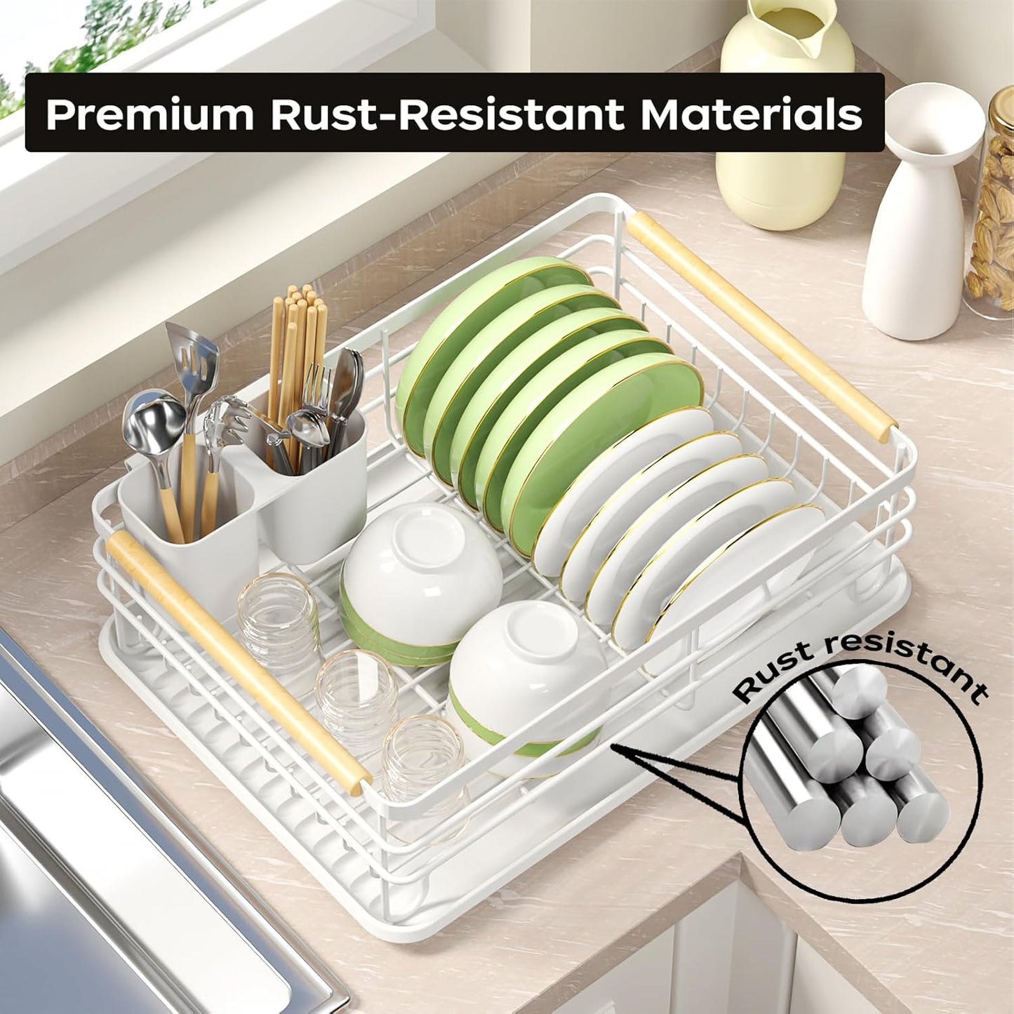 Dish Racks for Kitchen Counter: Wooden Handles, Thickened Metal, No Assembly. Small Dish Drying Rack: Ideal for Small Households. Drying Rack Kitchen: White