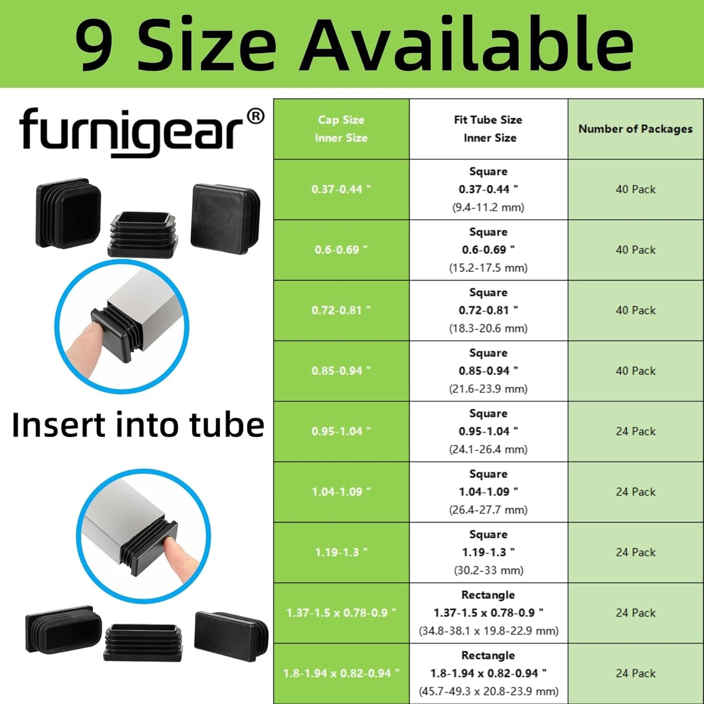 Furnigear Plastic Plugs Tubing End Cap Chair End Caps Outside Bottom Tubing Caps Square Furniture Sliders Glides Black (24, Fit 0.95-1.04" Square Tube Inner Size)