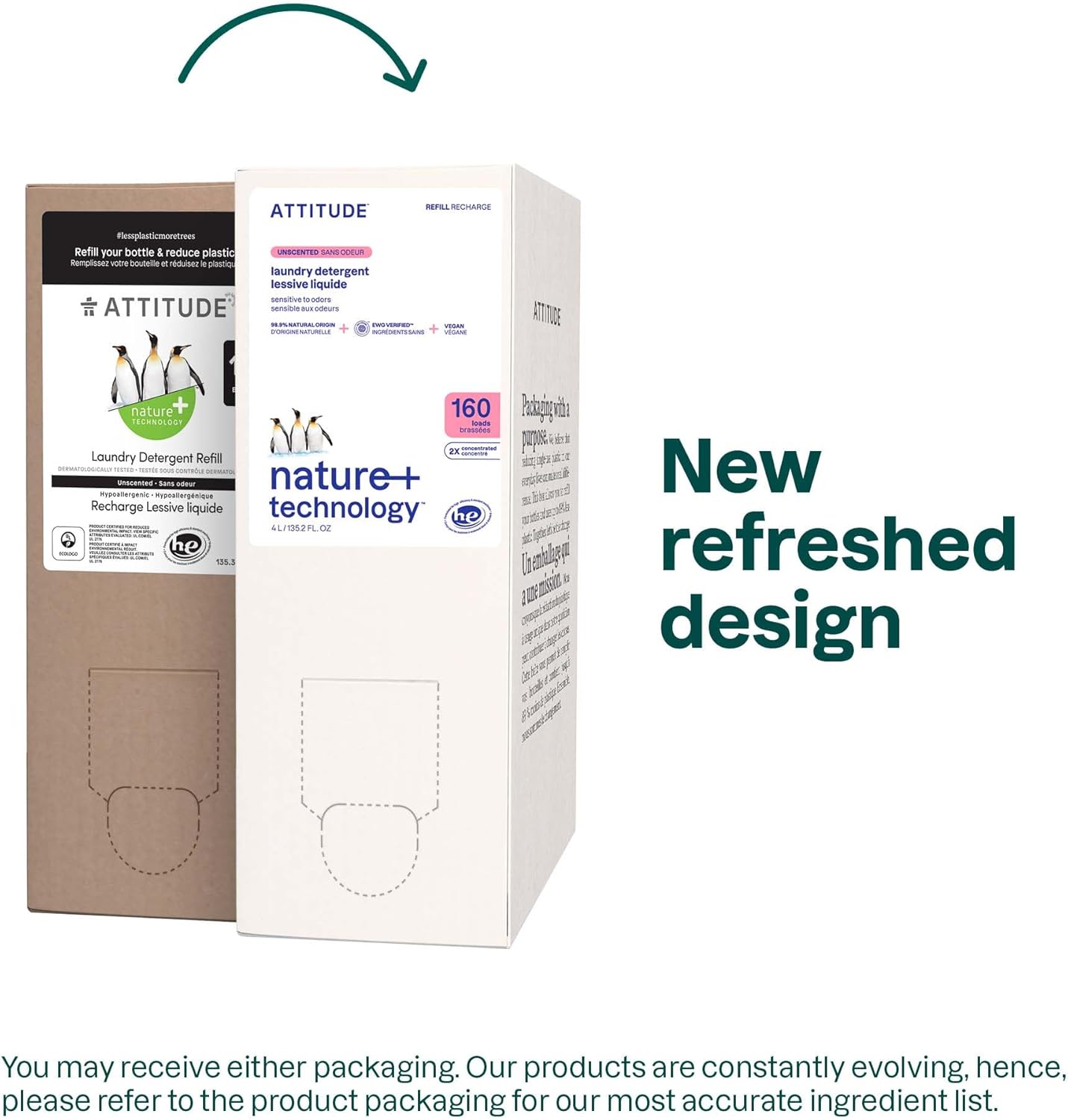 ATTITUDE Liquid Laundry Detergent Refill, EWG Verified, HE Compatible, Plant-Based & Vegan, Natural Laundry Soap, Unscented, 160 Loads, 135.26 Fl Oz