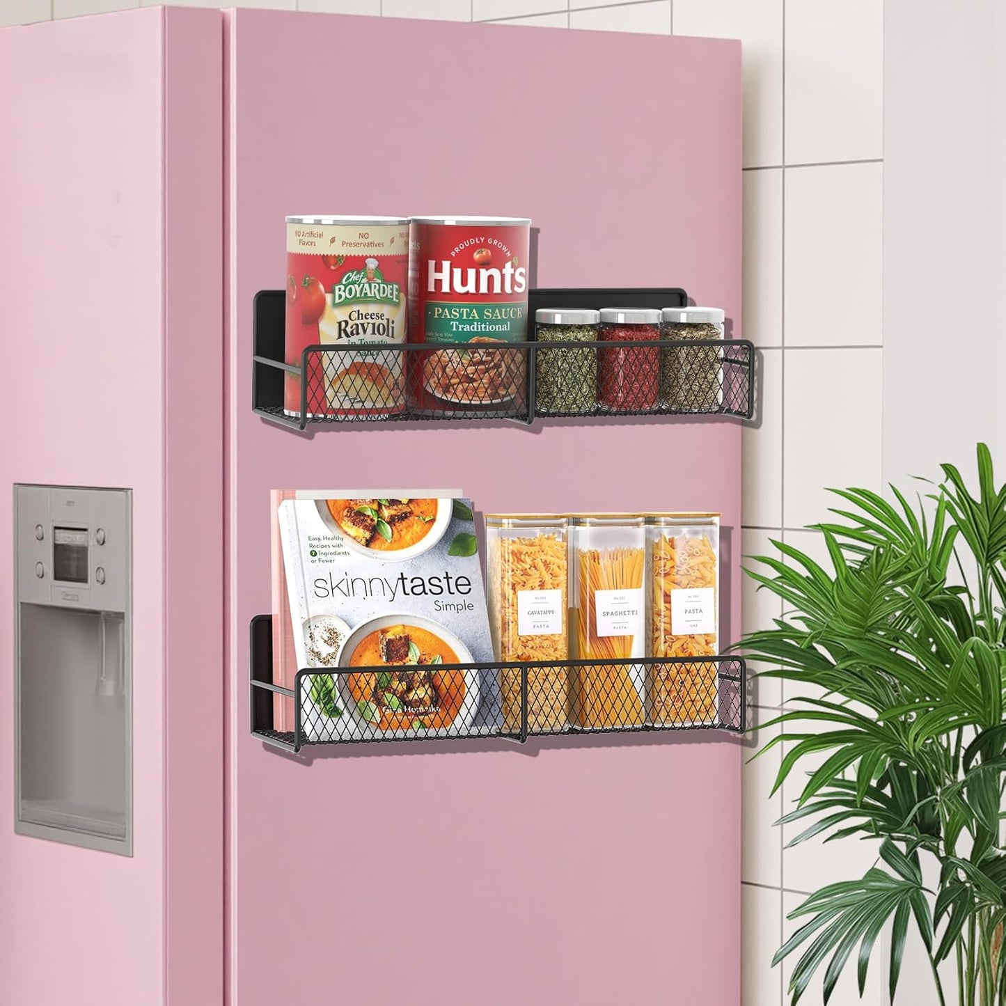 2 Pack Magnetic Spice Rack for Refrigerator, Black Magnetic Shelf with 4 Removable Hooks, Rustproof Magnetic Shelf for Fridge, Oven, Condiments, Oils, Seasoning Spice Organizer