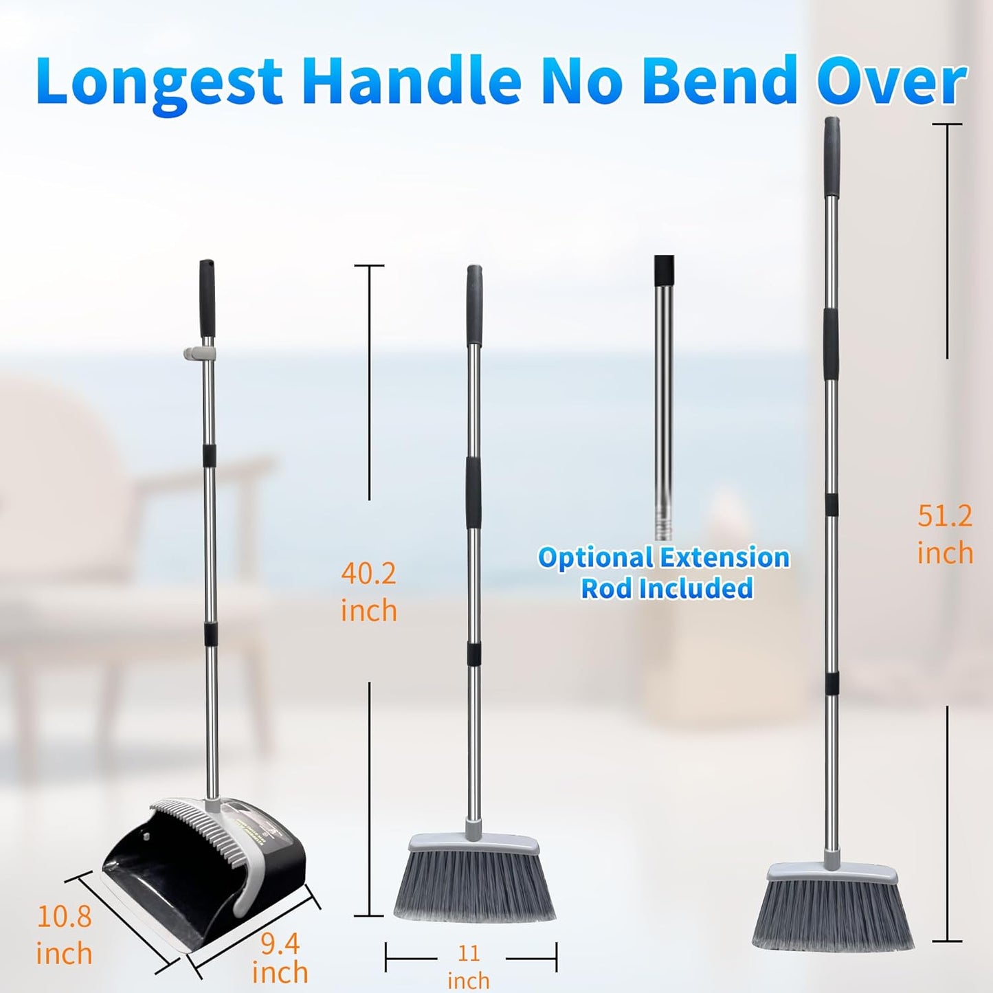 Broom with Dustpan Combo Set Broom and Dustpan Set Dust Pan with 51.2" Stainless Steel Long Handle, Brooms with 5-Layer Plus Firm and Soft Bristles Combine, New Home Apartment Office Essentials