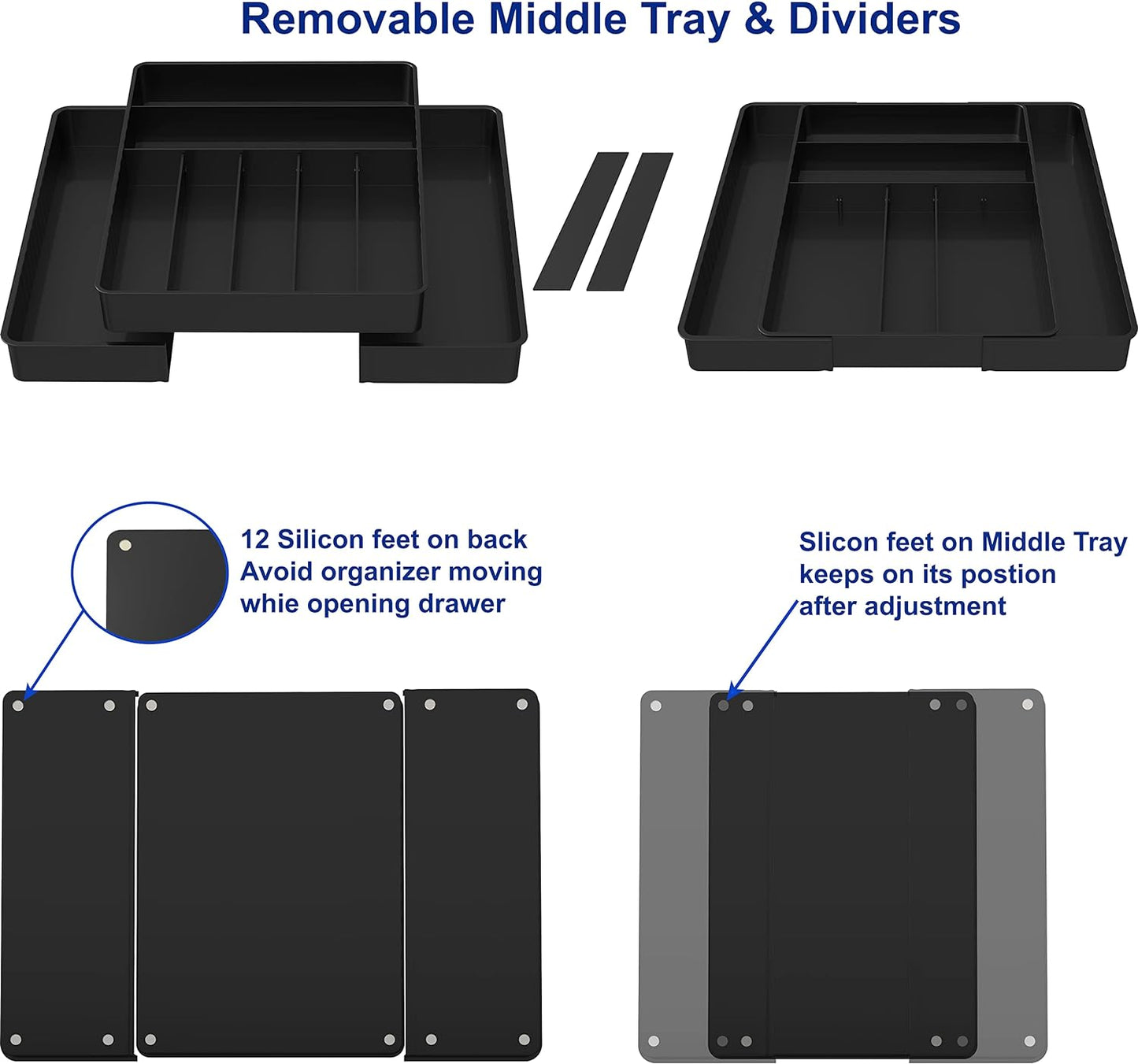 Simple Houseware Expandable Kitchen Drawer Flatware Organizer, Black – Adjustable Cutlery Tray with 9 Compartments for Utensils and Silverware