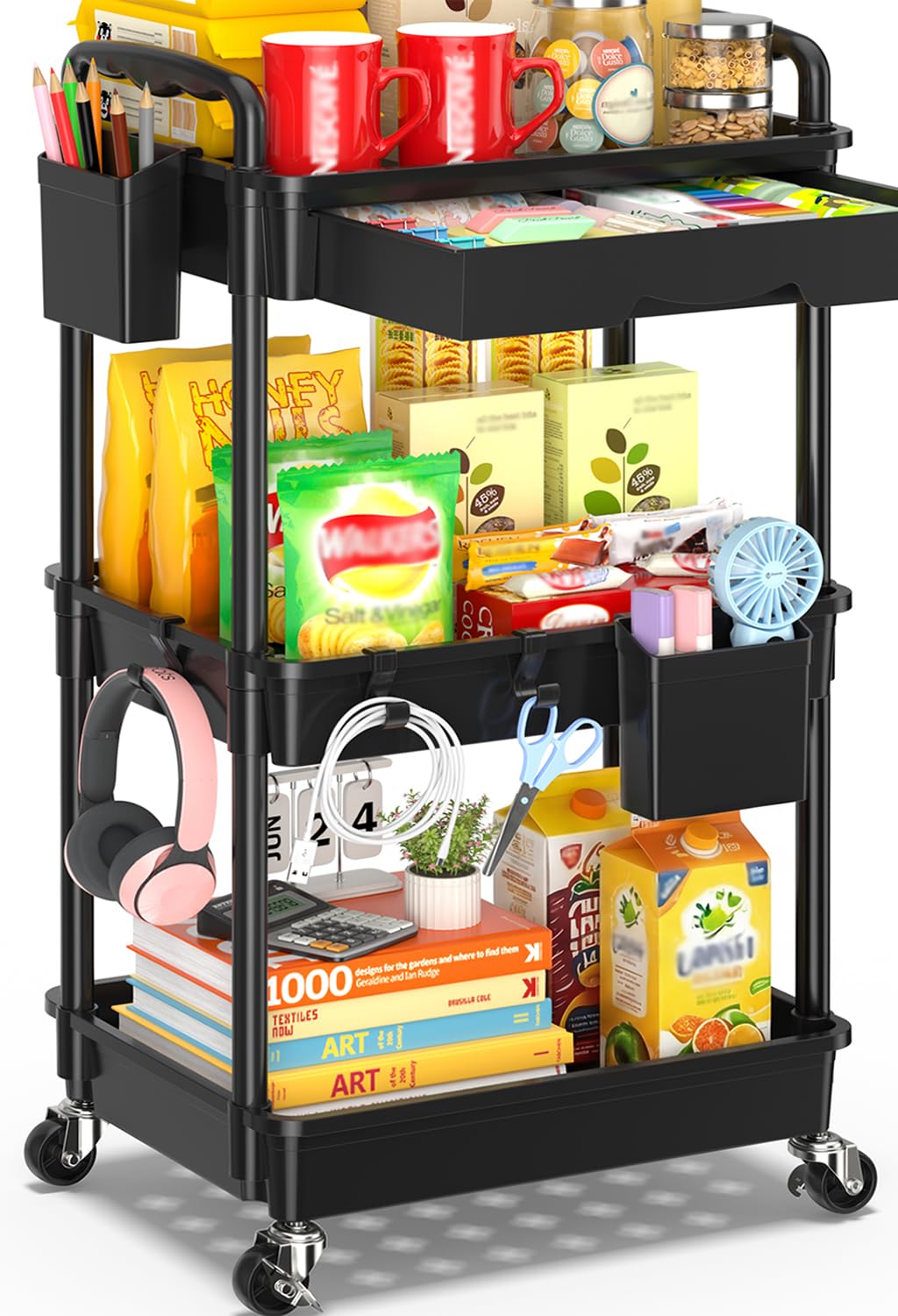 SUNALLY 3 Tier Rolling Cart with Drawer, Craft Storage Cart Organizer,Black