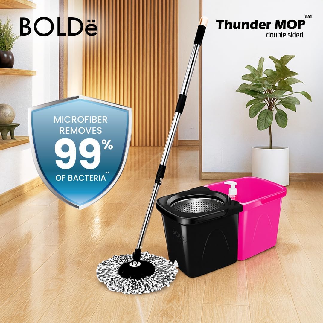 Thunder Mop Spin System - 2 Compact Stackable 6L Buckets, Microfiber Head, Stainless Steel Wringer, Antifungal Quick-Dry Cleaning, Soap Dispenser, 3 Free Refills (Lt Green/Dk Green)