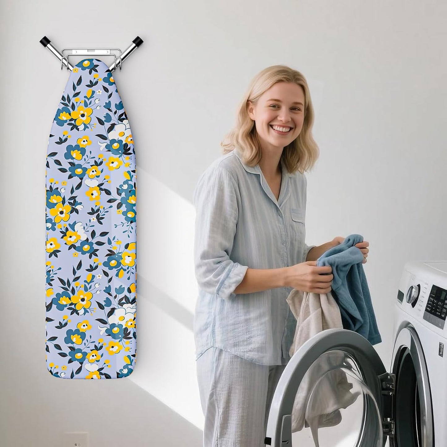 Over The Door & Wall Mount Ironing Board Hanger with Removable Hook, Metal Ironing Board Holder Organizer Wall Rack for Y & T Shaped (Silver)