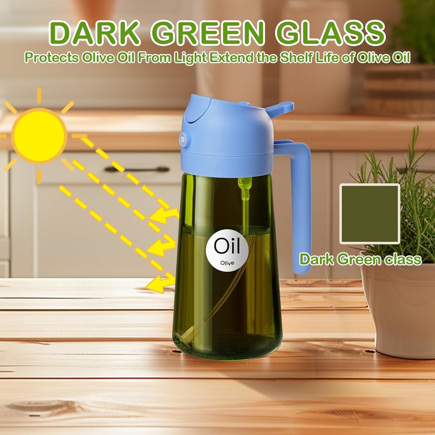 YARRAMATE 16oz/470ml Dark Green Oil Sprayer for Cooking with Stickers, Food-grade Premium 2 in 1 Olive Oil Dispenser Bottle for Kitchen Gadgets, Air Fryer, Salad, Frying, BBQ (SkyBlue)