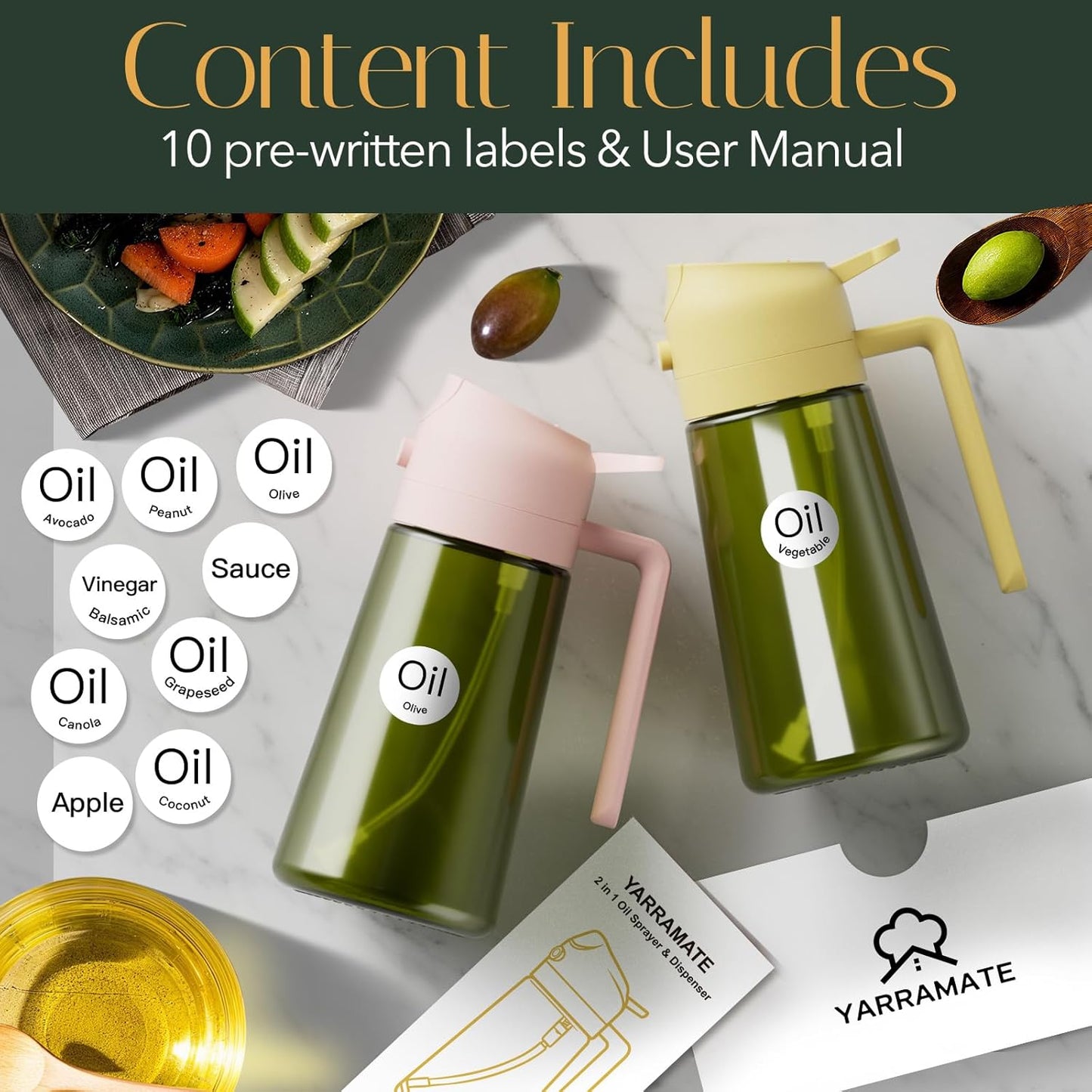 YARRAMATE 16oz/470ml Light-Blocking Dark Oil Sprayer for Cooking, 2 in 1 Olive Oil Dispenser Bottle for Kitchen, Premium Dark Green Glass Oil Bottle, Food-Grade Oil Mister for Air Fryer, BBQ (Pomelo)