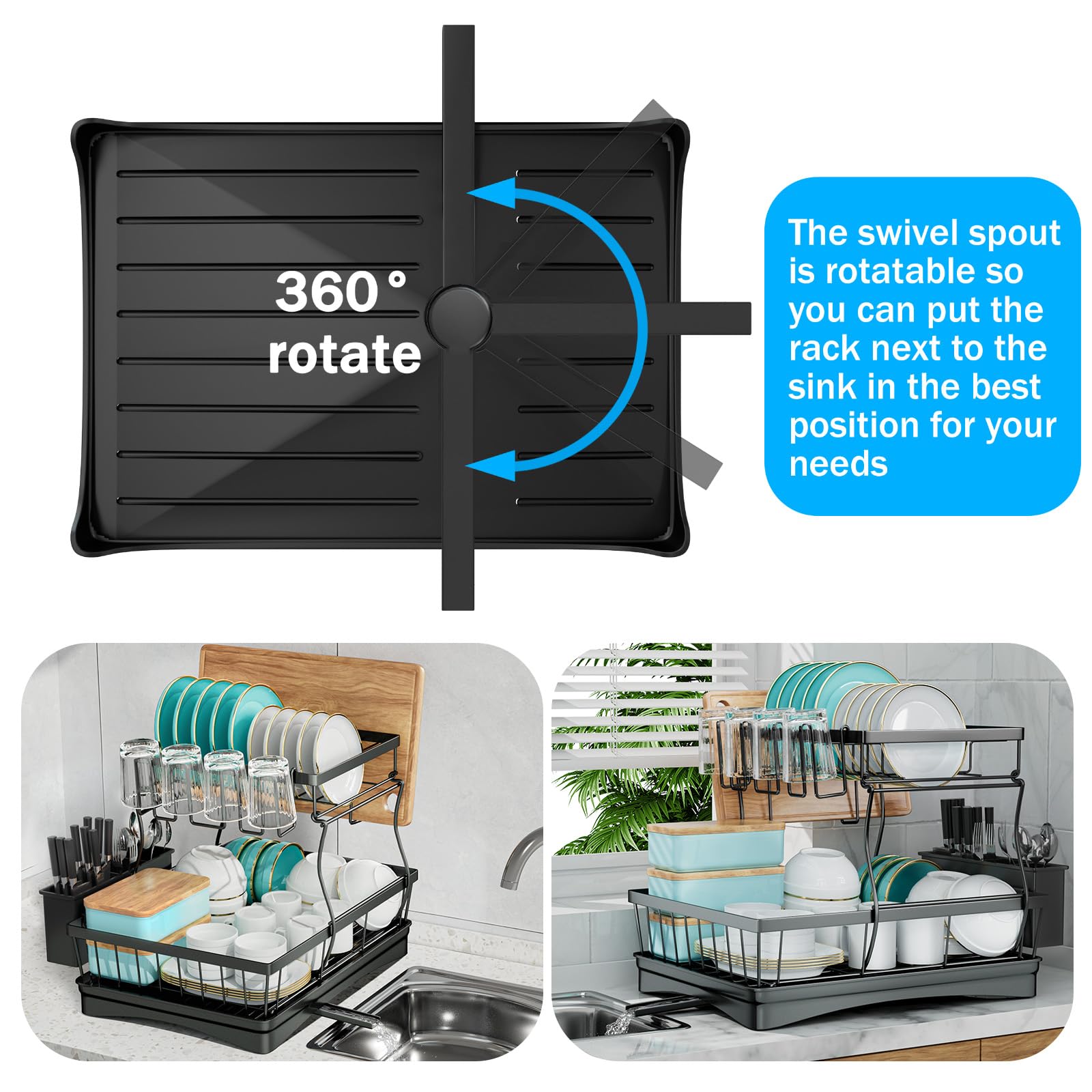 7 code 2-Tier Large Dish Drying Rack for Kitchen Counter, Black