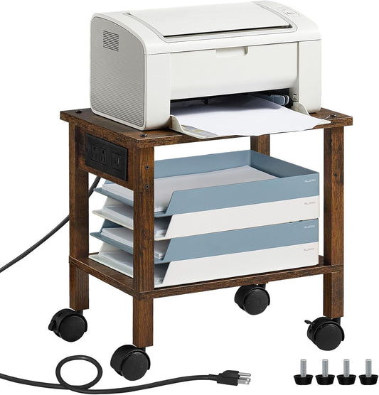 Lerliuo Under Desk Printer Stand with Charging Station, 2 Tier Wooden Small Printer Table with